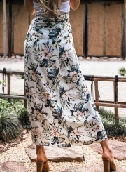 Fashion Casual Floral Printed Waist Tie Slit Long Skirt