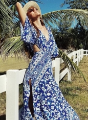 Summer Floral Printed Backless Lace-Up V Neck High Waist Slit Maxi Dress