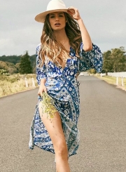 Summer Floral Printed Backless Lace-Up V Neck High Waist Slit Maxi Dress