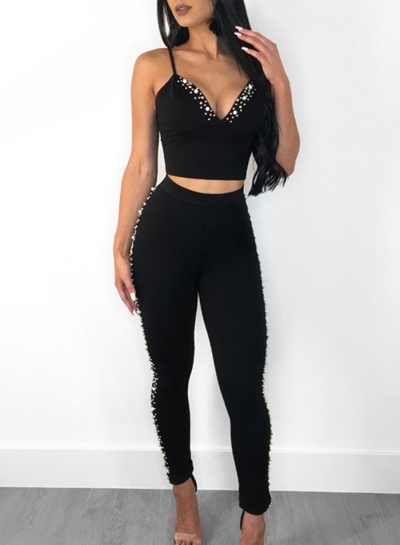 Sexy Solid Pearl Strappy V Neck Zip Crop Top With High Waist Pencil Pants zecalaba.com