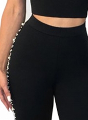 Sexy Solid Pearl Strappy V Neck Zip Crop Top With High Waist Pencil Pants