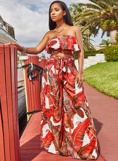 Fashion Printed Chest Wrapped Ruffle Crop Top Waist Tie Wide Leg Pants Set zecalaba.com