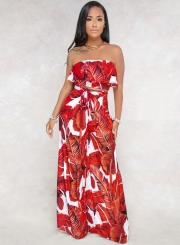 Fashion Printed Chest Wrapped Ruffle Crop Top Waist Tie Wide Leg Pants Set