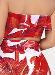 Fashion Printed Chest Wrapped Ruffle Crop Top Waist Tie Wide Leg Pants Set