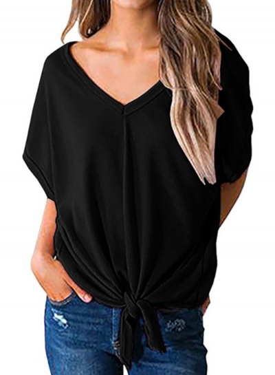 Summer Casual Solid Short Sleeve V Neck Front Knot Blouse zecalaba.com