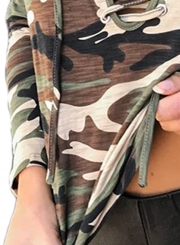 Casual Loose Camouflage Long Sleeve Lace-Up Neck Tee Shirt