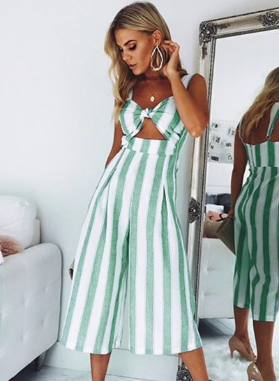 Fashion Sexy Striped Front Knot High Waist Wide Leg Jumpsuit With Pockets YOYOTSHOP.com