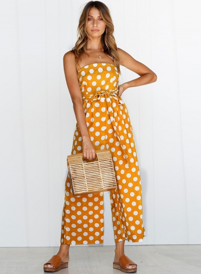 Polka Dots Spaghetti Strap Waist Tie Wide Leg Pockets Jumpsuit zecalaba.com