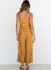 Polka Dots Spaghetti Strap Waist Tie Wide Leg Pockets Jumpsuit