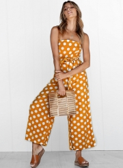 Polka Dots Spaghetti Strap Waist Tie Wide Leg Pockets Jumpsuit