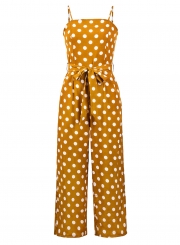 Polka Dots Spaghetti Strap Waist Tie Wide Leg Pockets Jumpsuit