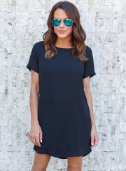 Casual Loose Solid Short Sleeve Round Neck Chiffon Dress