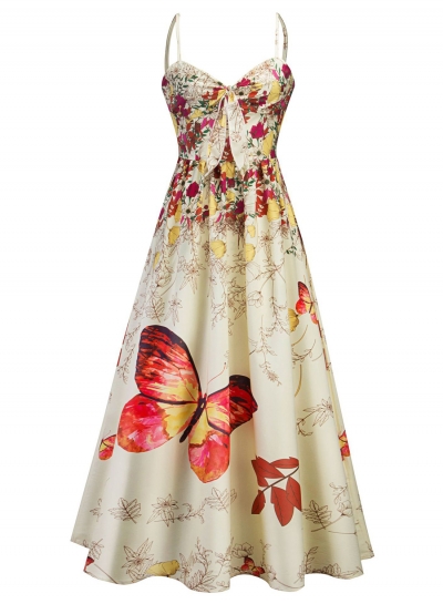 Elegant Floral Printed Spaghetti Strap Front Lace-Up High Waist Maxi Dress zecalaba.com