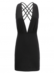 Sexy Solid Sleeveless V Neck Cross Straps Back Bodycon Dress With Zip