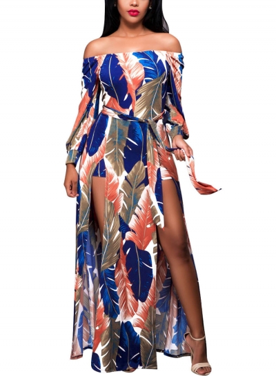 Fashion Sexy Leaf Printed Long Sleeve Slash Neck Slit Swing Dress Jumpsuit