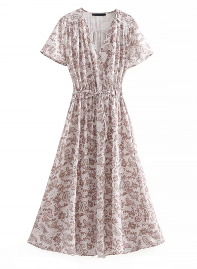 Boho Sweet Floral Printed Short Sleeve V Neck Elastic Waist Maxi Dress zecalaba.com