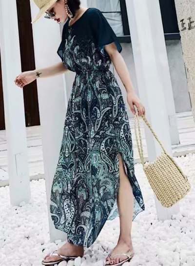 Casual Printed Short Sleeve Round Neck High Waist Slit Dress zecalaba.com