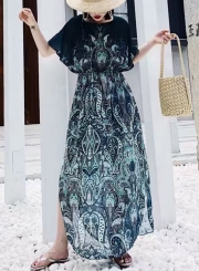 Casual Printed Short Sleeve Round Neck High Waist Slit Dress