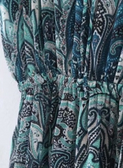 Casual Printed Short Sleeve Round Neck High Waist Slit Dress