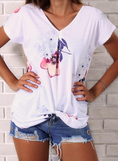 Casual Loose Floral Printed Short Sleeve V Neck Women Tee Shirt zecalaba.com