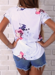 Casual Loose Floral Printed Short Sleeve V Neck Women Tee Shirt