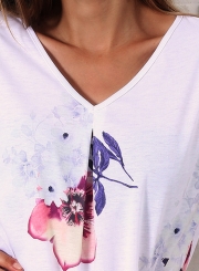 Casual Loose Floral Printed Short Sleeve V Neck Women Tee Shirt