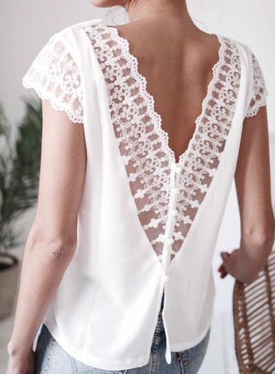 Fashion Sexy Solid Lace Splicing V Neck Backless Hollow Out Tee zecalaba.com