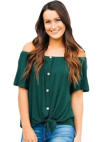 Green Off the Shoulder Short Sleeve Button Top zecalaba.com