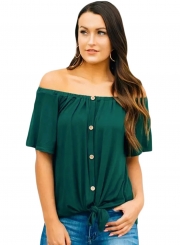 Green Off the Shoulder Short Sleeve Button Top