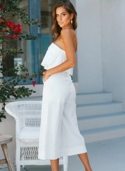 Casual Solid Off The Shoulder Backless Wide Leg Jumpsuit With Zip