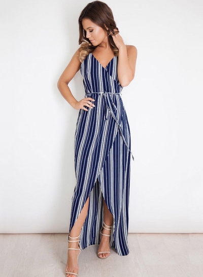 Fashion Striped Spaghetti Strap Sleeveless V Neck Waist Tie Slit Dress