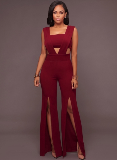 Fashion Solid Sleeveless V Neck High Waist High Slit Jumpsuit With Zip YOYOTSHOP.com