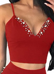 Sexy Solid Pearl Strappy V Neck Zip Crop Top With High Waist Pencil Pants