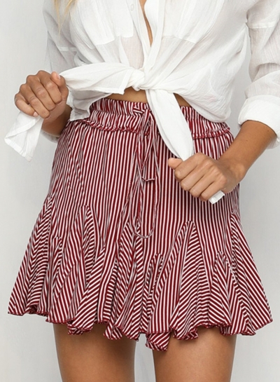 Summer Fashion Sweet Striped High Waist Bubble Skirt With Drawstring zecalaba.com