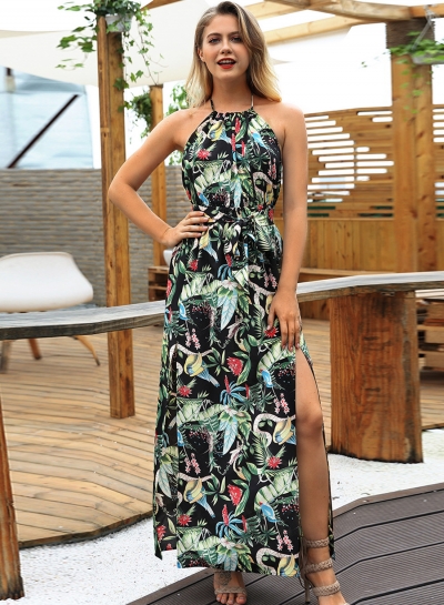 Fashion Boho Floral Printed Halter Backless Waist Tie Slit Maxi Dress