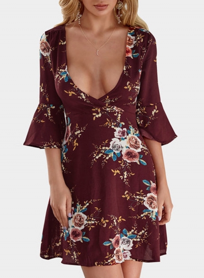 Fashion Sexy Floral Printed Flare Sleeve V Neck High Waist Midi Dress lonhooker.com