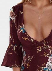 Fashion Sexy Floral Printed Flare Sleeve V Neck High Waist Midi Dress