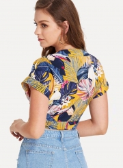 Summer Sexy Floral Printed Short Sleeve V Neck Front Knot Crop Top