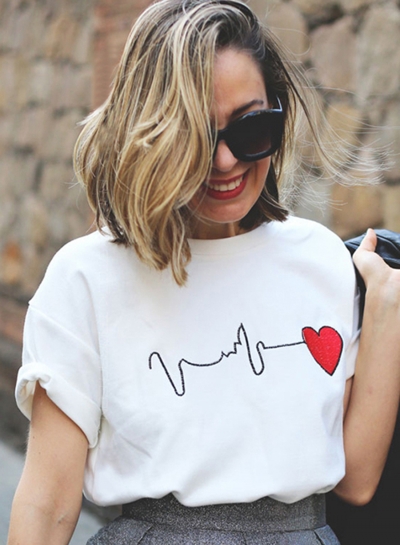 Summer Loose Ripple Lines Heart Printed Short Sleeve Round Neck Tee