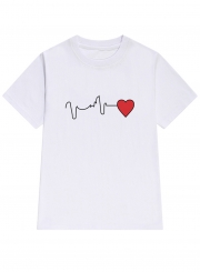 Summer Loose Ripple Lines Heart Printed Short Sleeve Round Neck Tee