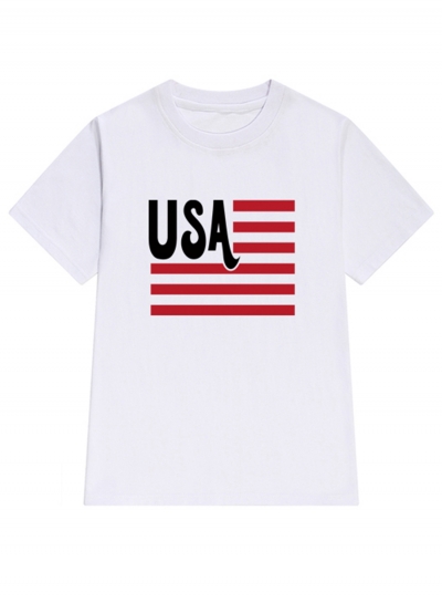 Summer Casual Loose Letters Flag Printed Short Sleeve Round Neck Tee