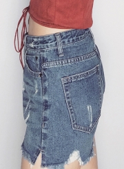 Casual Retro Wash High Waist Zipper Fly Side Slit Denim Shorts With Burrs