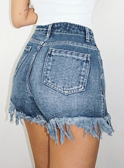 Casual Slim High Waist Zipper Fly Straight Wide Leg Denim Burrs Shorts