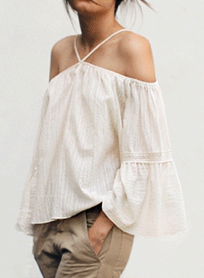 Fashion Loose Solid Strappy Off The Shoulder Flare Sleeve Blouse zecalaba.com