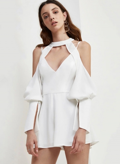 Sexy Solid Off The Shoulder V Neck High Waist Hollow Out Romper zecalaba.com