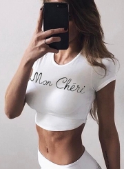 Summer Casual Slim Short Sleeve Round Neck Crop Top With Letters