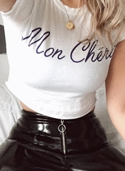 Summer Casual Slim Short Sleeve Round Neck Crop Top With Letters