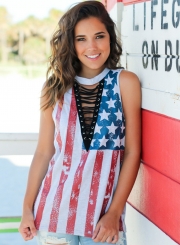 Casual Loose American Flag Pattern Sleeveless V Neck Hollow Out Tee