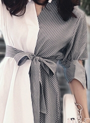 Fashion Irregular Striped Splicing Half Sleeve V Neck Waist Tie Dress