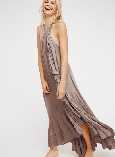 Summer Beach Solid Halter Off The Shoulder Ruffle Hem Slit Maxi Dress zecalaba.com